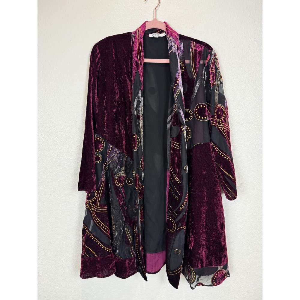 Chico's Whimsigoth Jacket 2 L Purple Velvet Mesh Open Front Duster Kimono Art
